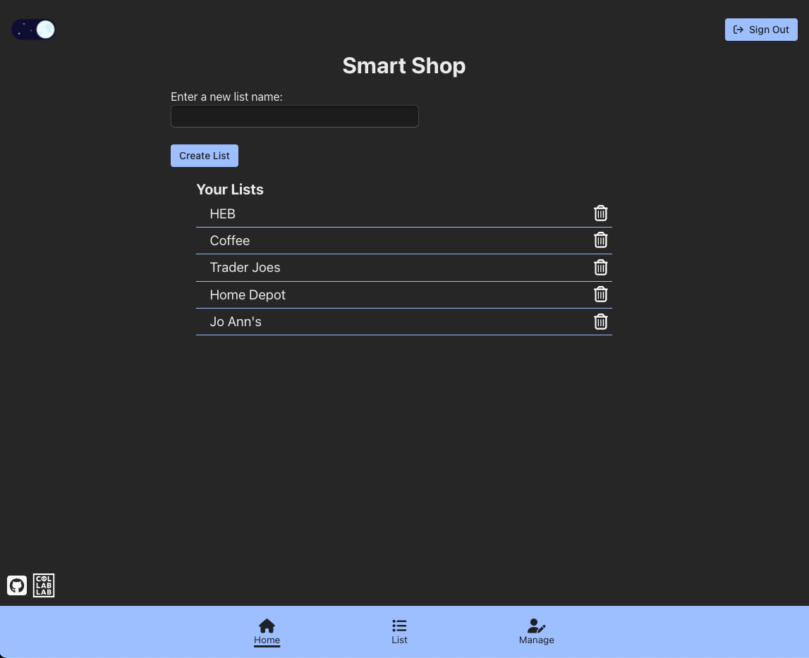 homepage of site when logged in displaying user's shopping lists