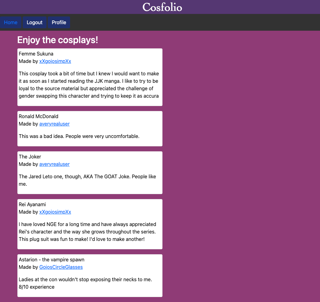 Logged in view of homepage with feed of user's cosplay creations