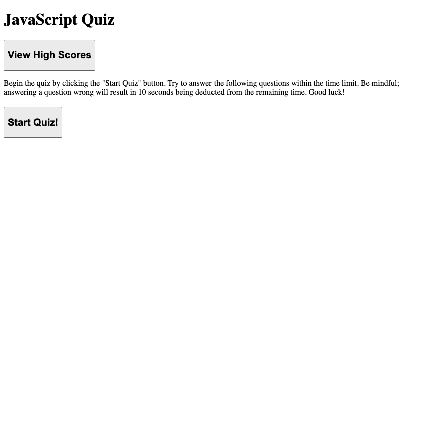 Homepage displaying description of quiz, and buttons to start quiz and view high scores