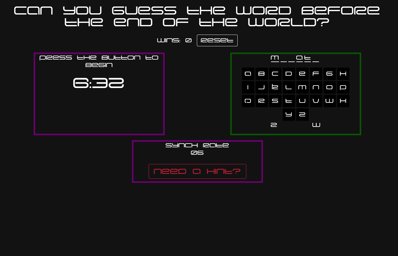 Screenshot of game being played, with timer, life count and semi-completed word, hint button is visible